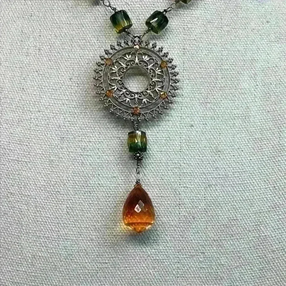 Vintage Silver Necklace - Green Glass Beads and Orange Dangle Crystal Pendant - Picture 2 of 4